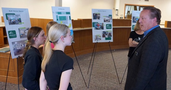 CCC President Dr. Matt Gotschall (right) visits with students from Holdrege High School during an informational open house on May 15, 2024. Open house attendees learned about a proposed move of the Holdrege Center to the vacant Great Western Bank Building in downtown. Community members also gave feedback about the plan to CCC administrators, who hosted the open house. (Photo courtesy of Central Community College.)